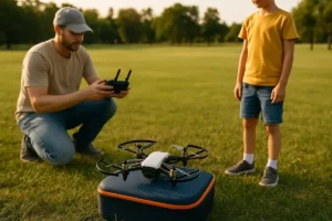 Man and boy flying a drone outdoors in a park, demonstrating drone operation skills.