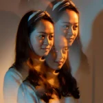 An artistic, layered portrait of a woman with long dark hair, showcasing multiple overlapping images that create a surreal, dynamic visual effect.