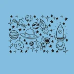 Outer space illustration with rockets, planets, astronaut, satellite, and stars on a blue background.