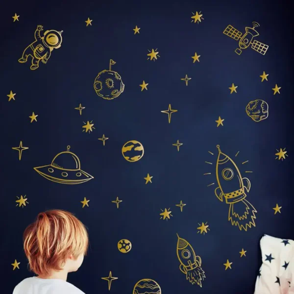 Bright yellow space illustrations on a dark blue background create an engaging and educational atmosphere for children interested in astronomy and space science.