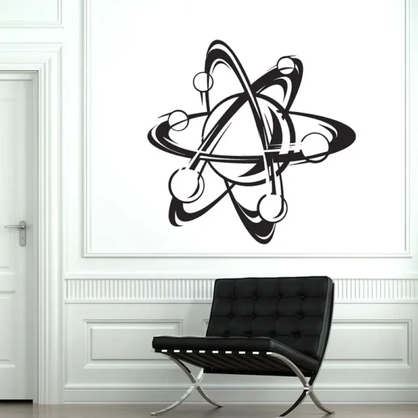 Modern black and white atom model wall decal, perfect for science-themed decor in homes or classrooms. Adds a sleek, educational touch to any space.