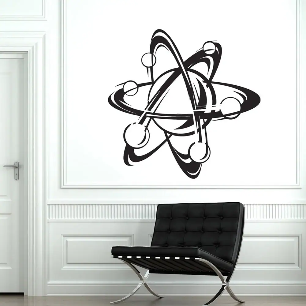 Science Atom Wall Art Modern black and white atom model wall decal, perfect for science-themed decor in homes or classrooms. Adds a sleek, educational touch to any space.