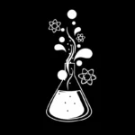 Beaker with bubbling chemical reaction and atomic models, ideal for science decor and educational purposes.