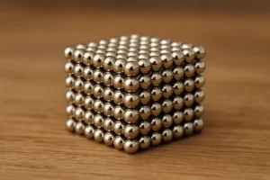 A 3D magnetic cube made of small metallic spheres stacked to form a perfect cube, showcasing a modern science gadget on a wooden surface.