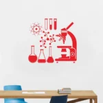 A red wall decal featuring laboratory equipment such as test tubes, beakers, a microscope, and molecular structures, perfect for science classrooms or home science spaces.