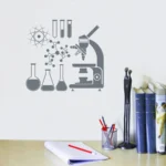 Wall decal featuring scientific icons like a microscope, test tubes, and molecular structures, perfect for science classrooms or labs.