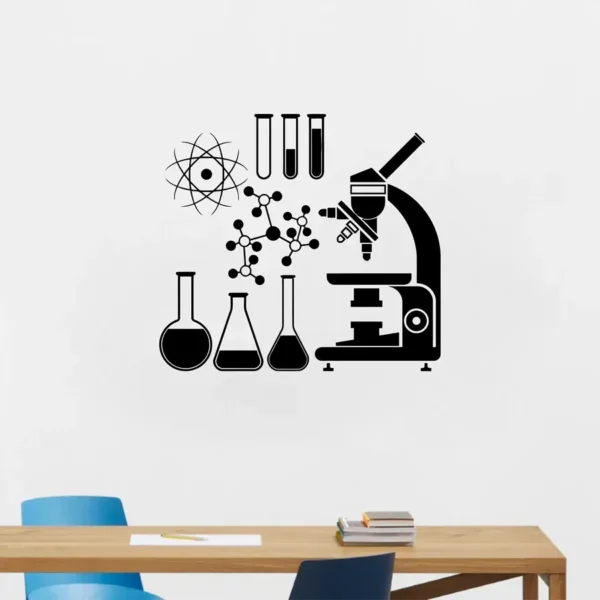 Microscope and laboratory glassware wall decal for science enthusiasts and educational settings.