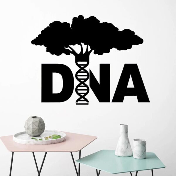 Modern wall decal featuring a DNA double helix integrated into a tree design, symbolizing genetics and life sciences. Perfect for science classrooms, labs, or educational spaces.