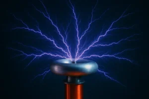 Lightning Tesla coil generating high-voltage electrical discharges against a dark background.