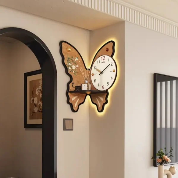 Unique butterfly wall clock with floral design and warm backlight, perfect for modern home decor and adding a touch of nature-inspired elegance to any room.