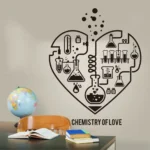 Artistic wall decal featuring chemistry laboratory equipment arranged in a heart shape, symbolizing love and science connection. Perfect for science classrooms or love-themed decor.