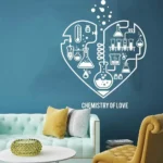 Heart-shaped chemistry wall art with laboratory equipment illustrations.
