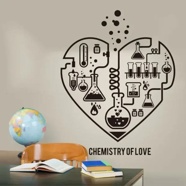 Artistic wall decal featuring chemistry laboratory equipment arranged in a heart shape, symbolizing love and science connection. Perfect for science classrooms or love-themed decor.