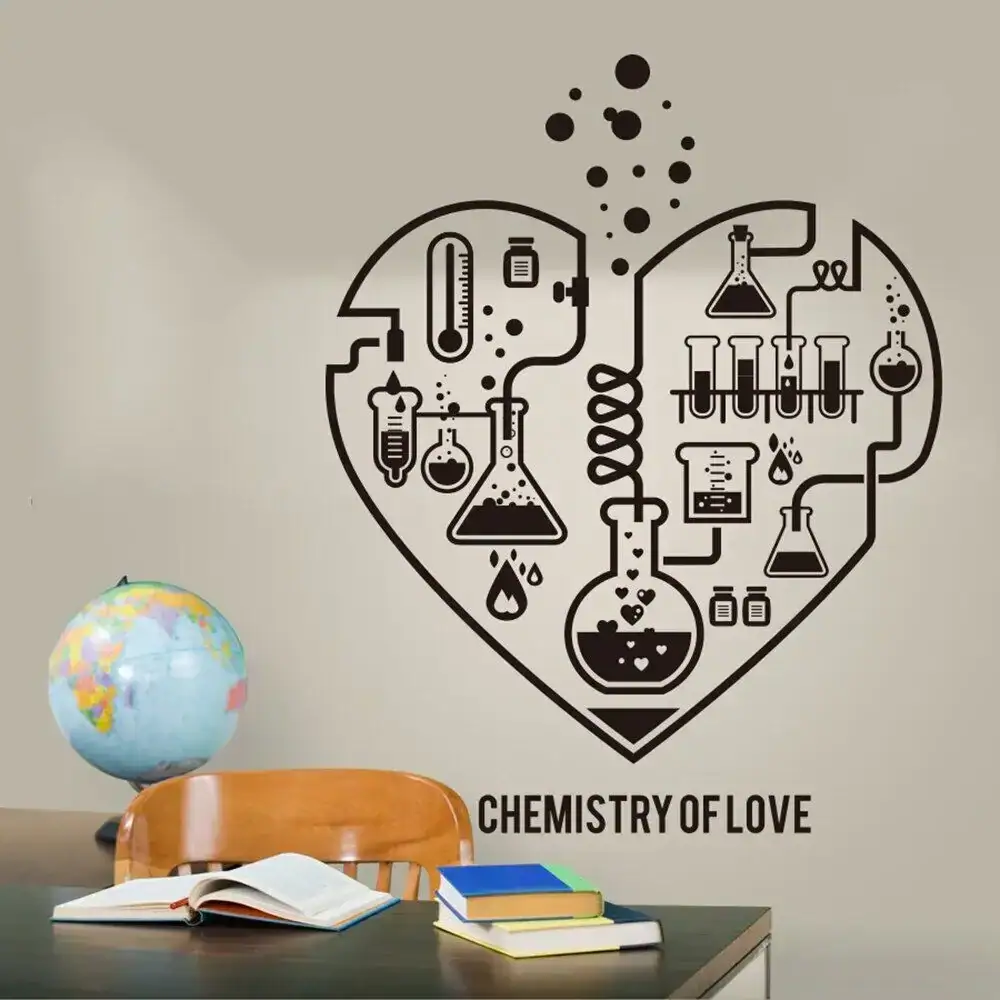 Chemistry of Love Heart Wall Art Artistic wall decal featuring chemistry laboratory equipment arranged in a heart shape, symbolizing love and science connection. Perfect for science classrooms or love-themed decor.