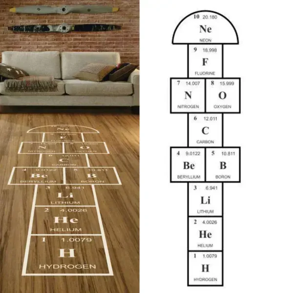 Educational floor diagram showing the periodic table with hydrogen at the bottom and neon at the top, designed for science decor and learning.