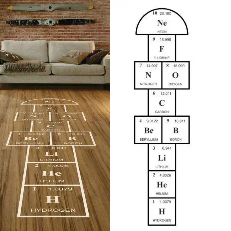 Hydrogen and Periodic Table Floor Illustration Educational floor diagram showing the periodic table with hydrogen at the bottom and neon at the top, designed for science decor and learning.