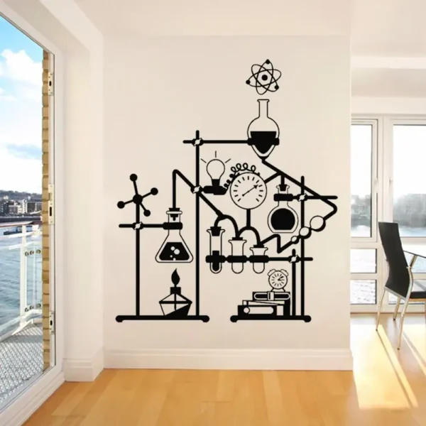 Modern black wall decal of laboratory glassware and scientific instruments, perfect for science enthusiasts and educational spaces.