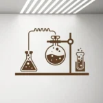 Minimalist wall art depicting a chemistry laboratory setup with a flask, round-bottom flask, and test tube, perfect for science enthusiasts and educational decor.