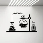 Minimalist black and white illustration of laboratory glassware including a beaker, flask, and test tube, mounted on a wall for science-themed decor.