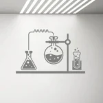Minimalist illustration of laboratory glassware including a flask, a round-bottom flask, and a test tube connected by laboratory apparatus, suitable for science decor.