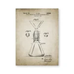 An antique scientific drawing of a glass distillation apparatus used in laboratory experiments, showing detailed components and design from 1940.