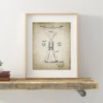 Vintage scientific apparatus blueprint wall art featuring detailed sketches of laboratory glassware, perfect for science decor and educational spaces.