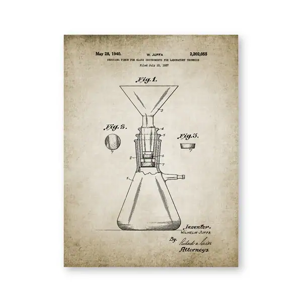 An antique scientific drawing of a glass distillation apparatus used in laboratory experiments, showing detailed components and design from 1940.