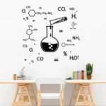 Modern science-themed wall decal featuring chemical formulas and laboratory equipment, perfect for science classrooms, labs, or educational spaces.
