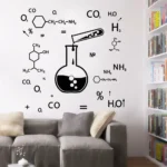 Wall decal featuring scientific formulas and laboratory equipment, including a beaker, chemical structures, and molecular formulas, perfect for science-themed decor.