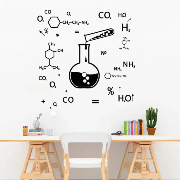 Modern science-themed wall decal featuring chemical formulas and laboratory equipment, perfect for science classrooms, labs, or educational spaces.