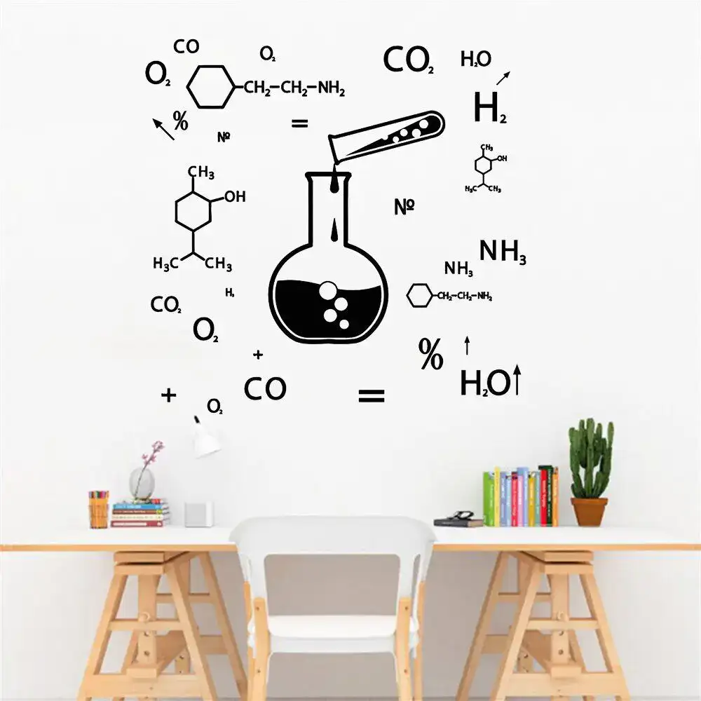 Science Chemistry Wall Art Modern science-themed wall decal featuring chemical formulas and laboratory equipment, perfect for science classrooms, labs, or educational spaces.