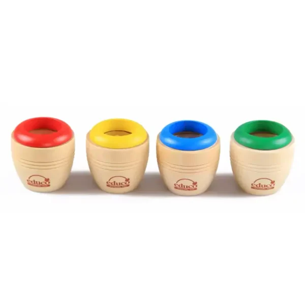 Brightly colored wooden pencil sharpeners with red, yellow, blue, and green accents, designed for children’s art and school supplies.