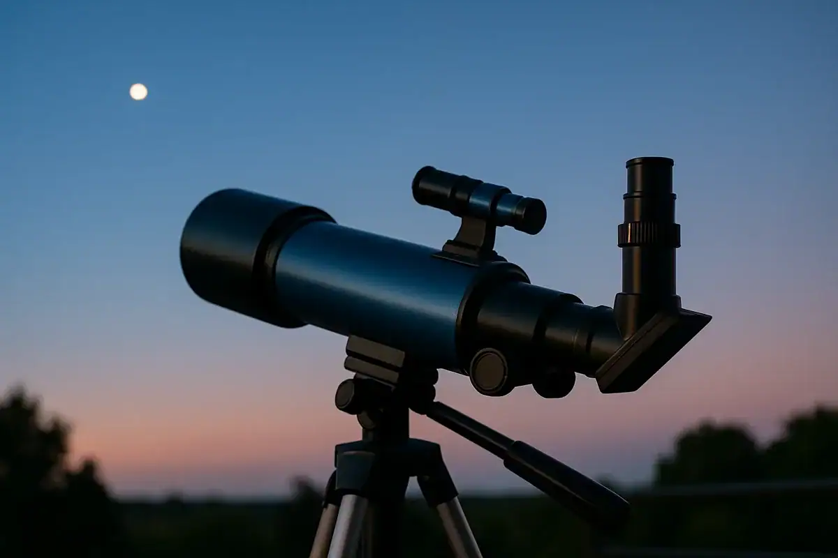 A black telescope mounted on a tripod, set against a twilight sky with the moon visible, perfect for stargazing and educational science activities.