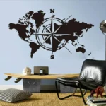 Modern wall decor featuring a black world map with a compass rose, perfect for science or travel-themed rooms.
