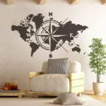 Modern wall decor featuring a black world map with a compass overlay, perfect for a science or travel-themed room.