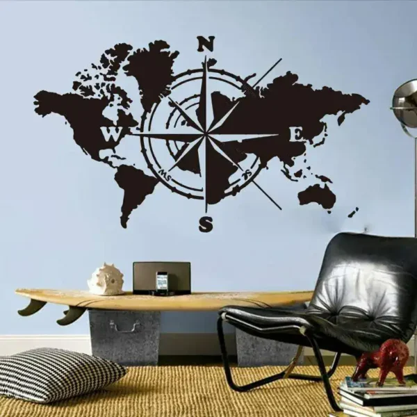Modern wall decor featuring a black world map with a compass rose, perfect for science or travel-themed rooms.