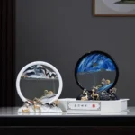 Elegant science-themed decorative displays with circular glass art pieces and miniature animal sculptures. Perfect for science enthusiasts and educational settings.