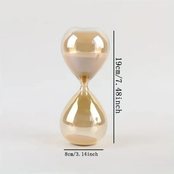 Glass hourglass timer measuring 19 cm (7.48 inches) in height and 8 cm (3.14 inches) in diameter, ideal for science experiments, educational activities, and decorative purposes.