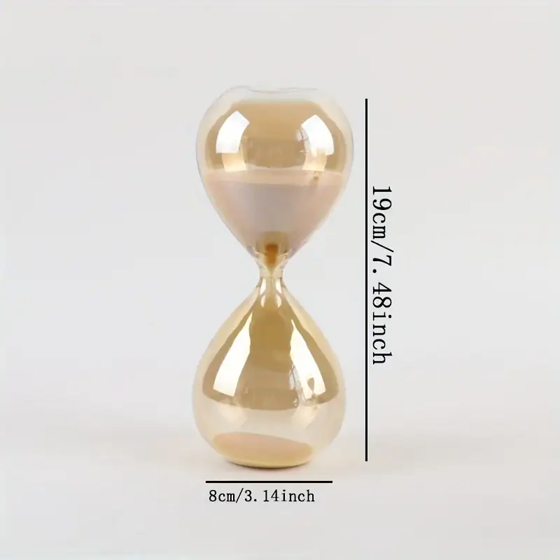 Glass hourglass timer measuring 19 cm (7.48 inches) in height and 8 cm (3.14 inches) in diameter, ideal for science experiments, educational activities, and decorative purposes.