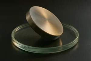 A metallic disk levitating above a glass ring, demonstrating magnetic levitation technology.