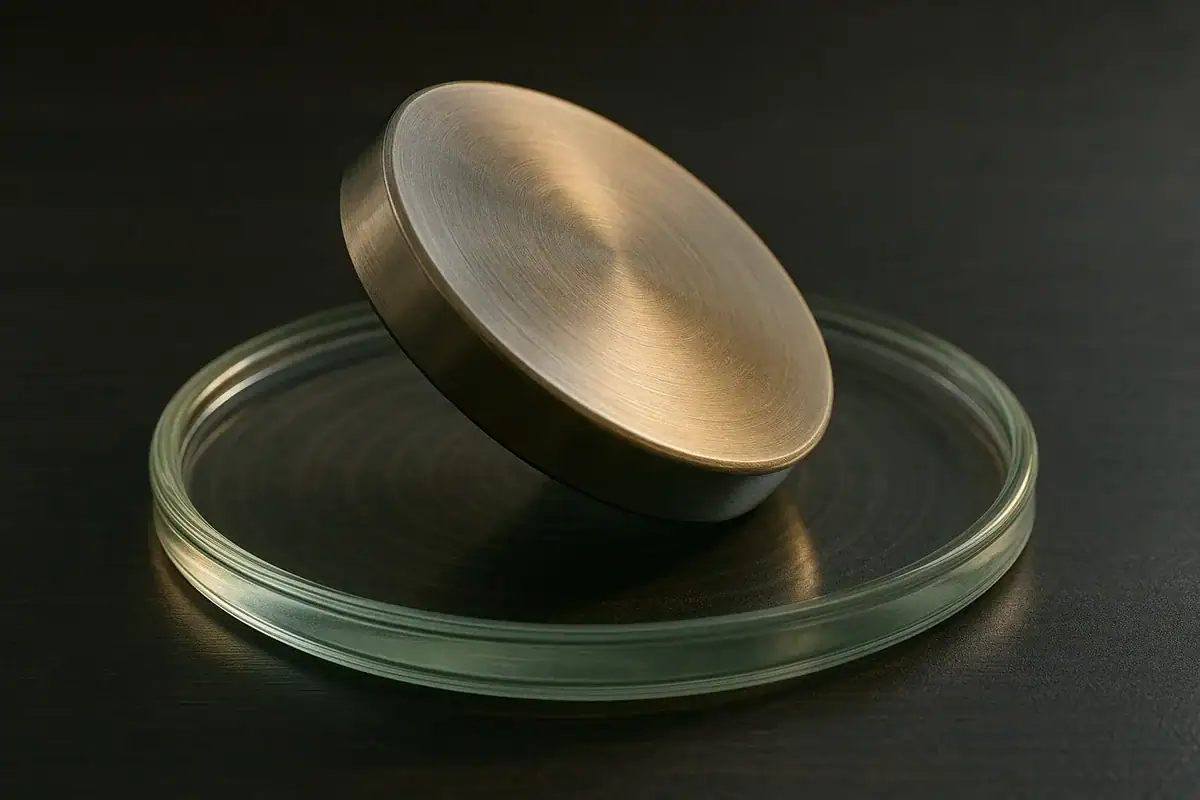 A metallic disk levitating above a glass ring, demonstrating magnetic levitation technology.