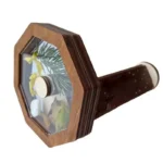Wooden magnifying glass featuring a detailed nature scene with leaves, rocks, and small animals, ideal for educational and decorative purposes.