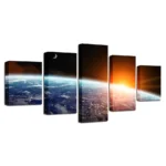 Stunning multi-panel wall art depicting Earth from space with sunrise and the moon, perfect for science decor and educational settings.