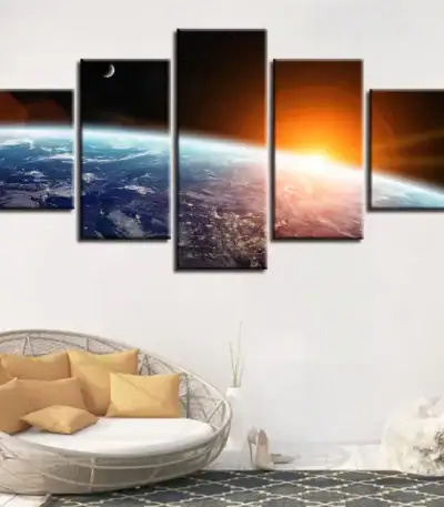 Earth from space with sunrise, multi-panel wall art for science decor and educational display.