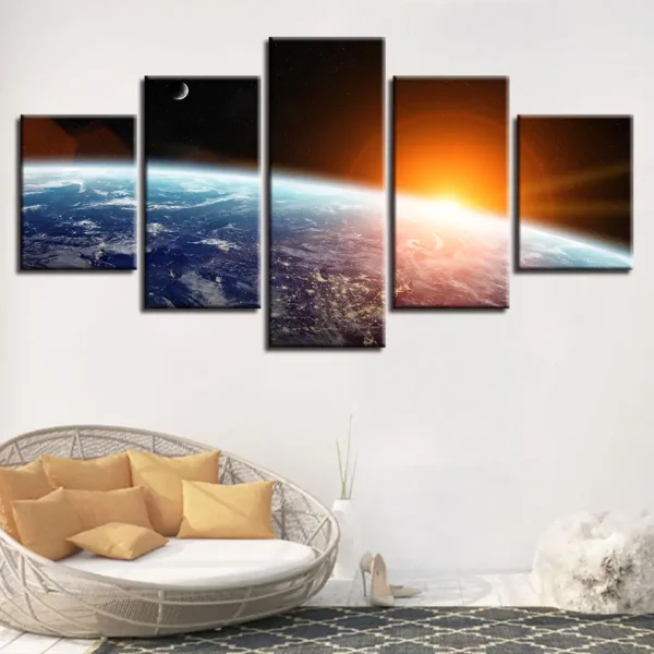 Earth from space with sunrise, multi-panel wall art for science decor and educational display.