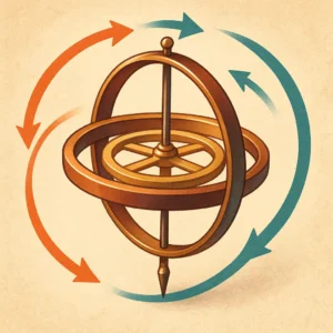 Decorative celestial armillary sphere model representing astronomical concepts with colorful arrows indicating movement and rotation.