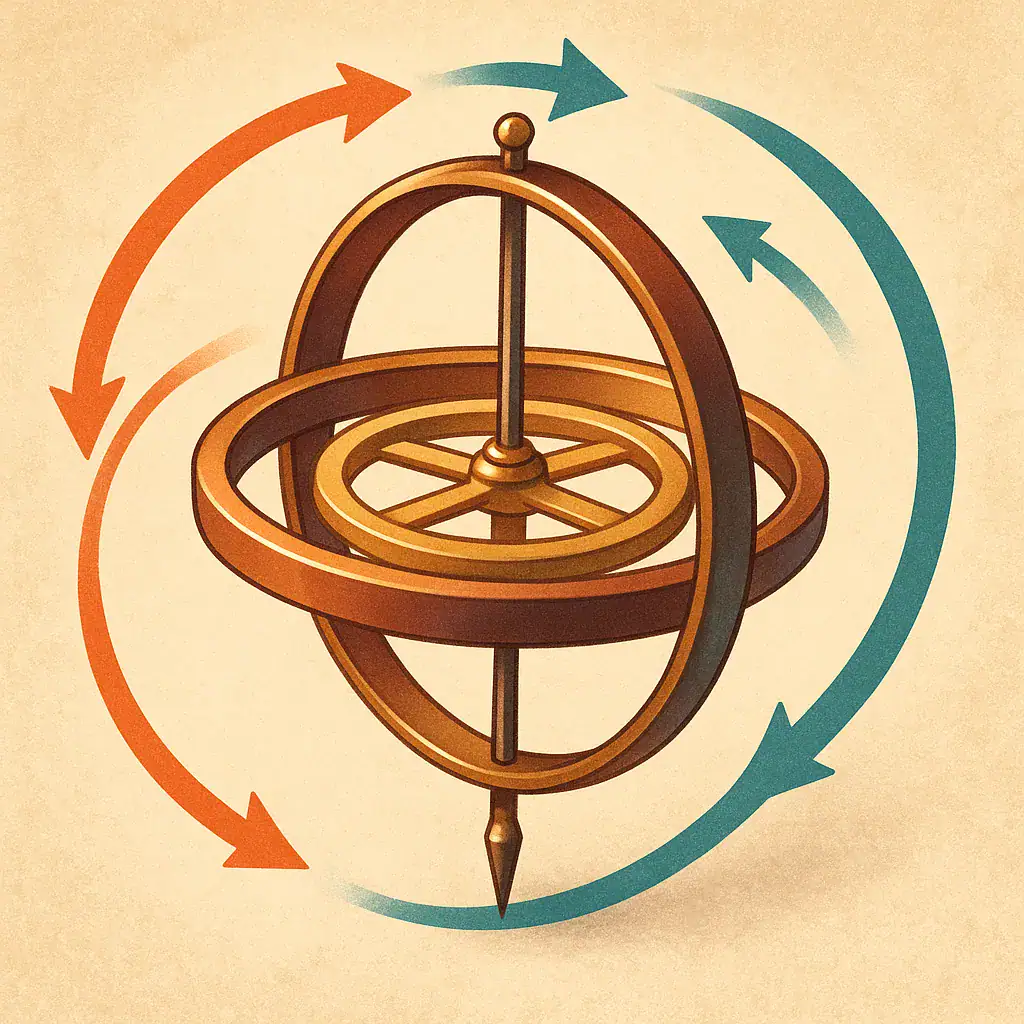 Decorative celestial armillary sphere model representing astronomical concepts with colorful arrows indicating movement and rotation.