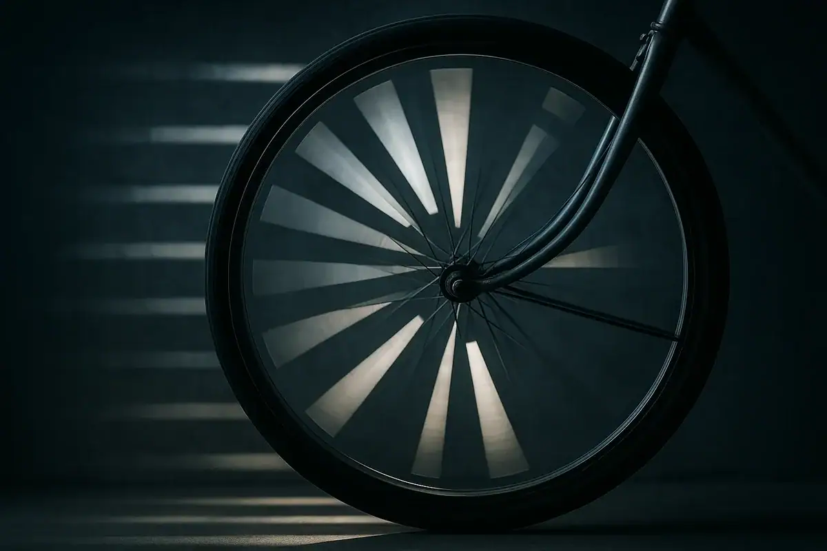 Modern bicycle wheel featuring innovative spoke design illuminated in low light, showcasing engineering creativity and sleek aesthetics.