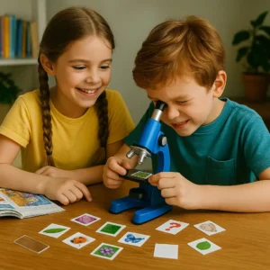 Young children exploring with a blue microscope and colorful flashcards on a wooden table.