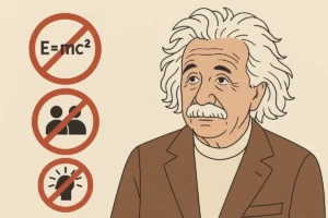 Illustration of Albert Einstein alongside science symbols including E=mc², a person icon, and a clock, representing physics and scientific concepts.